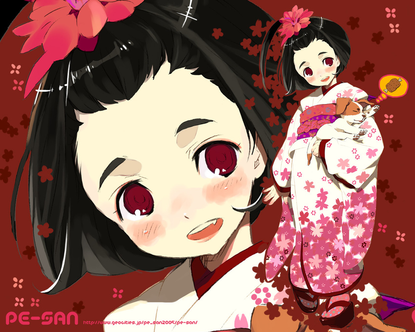 black_hair blush boned_meat dog dreaming flower food hair_flower hair_ornament japanese_clothes kimono kishiwada_robin long_sleeves meat original puppy short_hair wallpaper watermark web_address