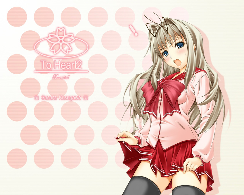 1girl :o bangs big_wednesday black_legwear black_ribbon blue_eyes blush bow breasts character_name cherry_blossoms copyright_name cowboy_shot flower gradient gradient_background hair_intakes hair_ribbon kusugawa_sasara lifted_by_self long_hair long_sleeves looking_at_viewer medium_breasts miniskirt open_mouth pink_bow pink_shirt pleated_skirt pocket polka_dot polka_dot_background red_skirt ribbon school_uniform serafuku shadow shirt sidelocks silver_hair skirt skirt_lift solo standing sweatdrop thighhighs to_heart_2 to_heart_2_xrated very_long_hair wallpaper white_background zettai_ryouiki