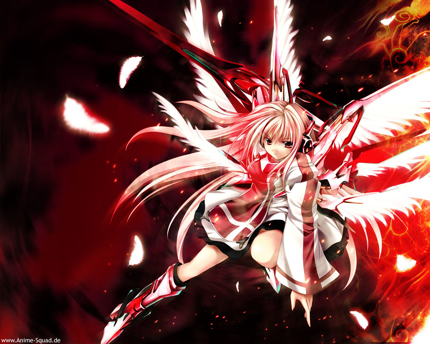 angel copyright_request feathers long_hair long_sleeves mecha_musume multiple_wings red robot_ears seraph solo sword tateha_(marvelous_grace) wallpaper weapon wings