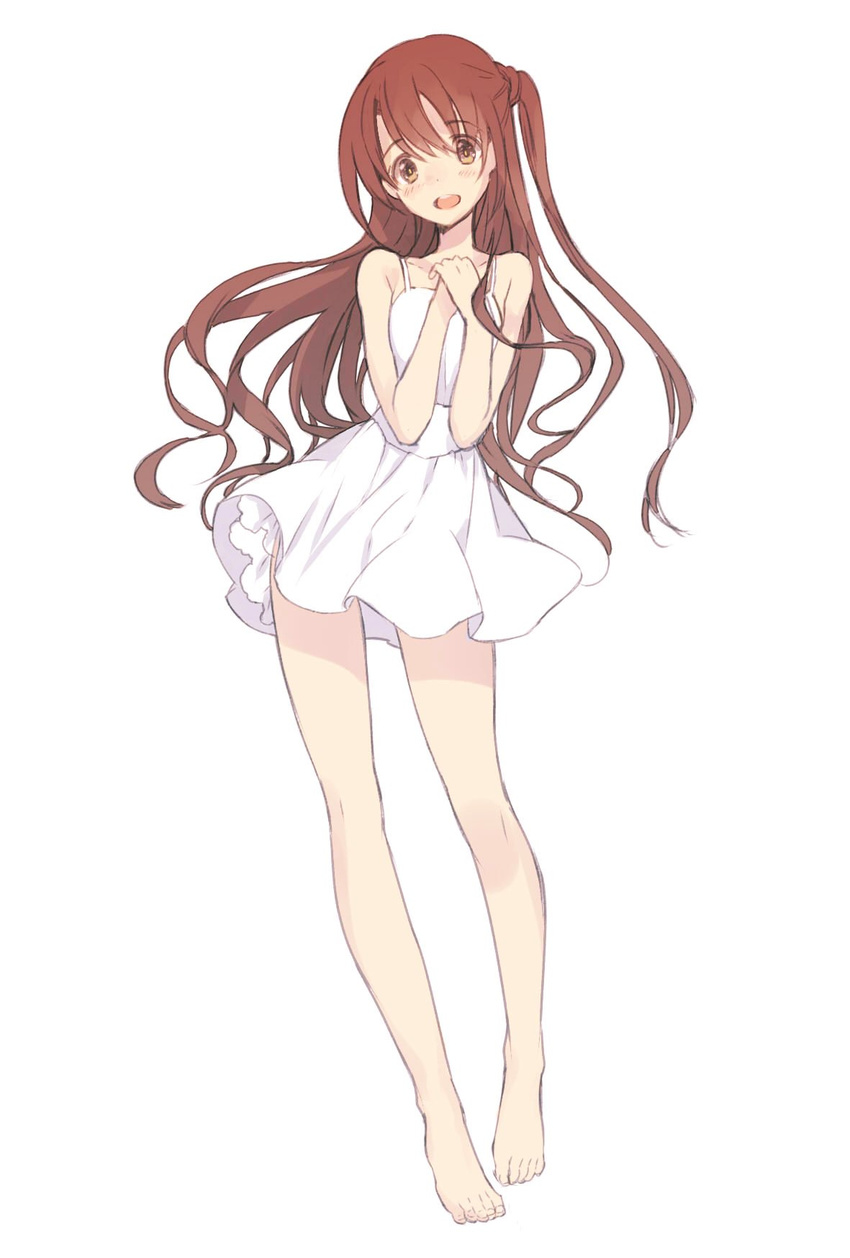 bare_legs barefoot brown_eyes brown_hair dress gin_(oyoyo) highres idolmaster idolmaster_cinderella_girls long_hair one_side_up shimamura_uzuki smile solo white_dress