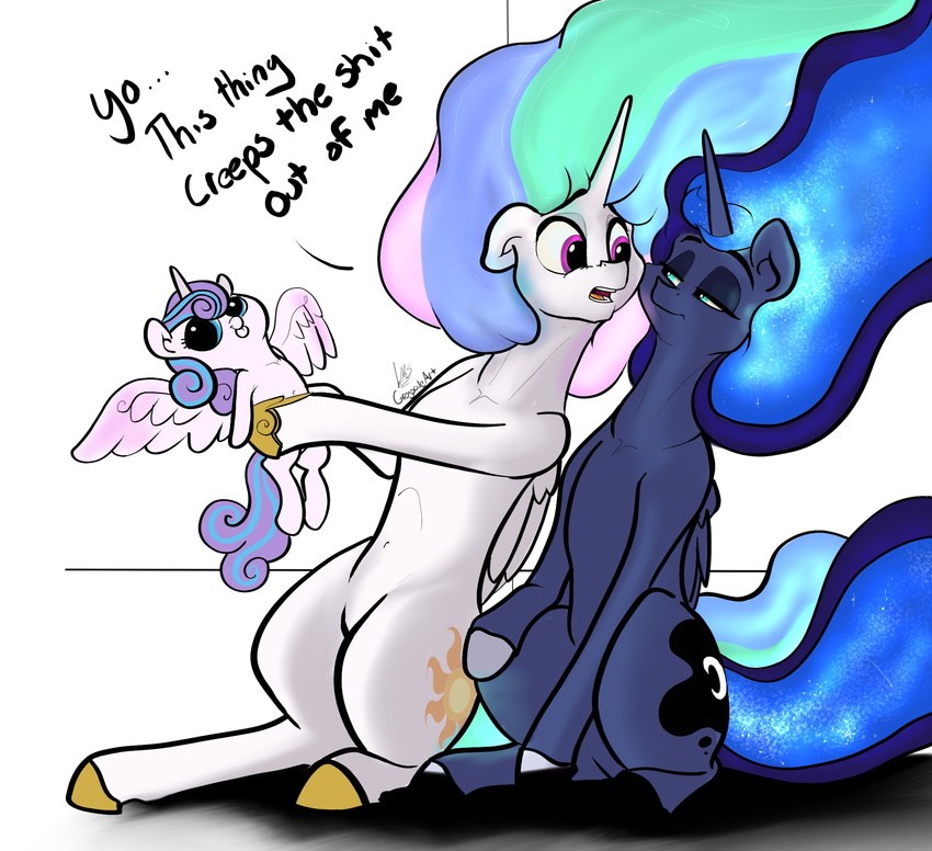 ... 2016 baby blue_eyes cutie_mark derp_eyes dialogue english_text equine female feral flurry_heart_(mlp) friendship_is_magic group hair half-closed_eyes hi_res horn inside long_hair looking_back mammal multicolored_hair my_little_pony navel princess_celestia_(mlp) princess_luna_(mlp) purple_eyes simple_background sitting text theponysketchguy tongue tongue_out white_background winged_unicorn wings young