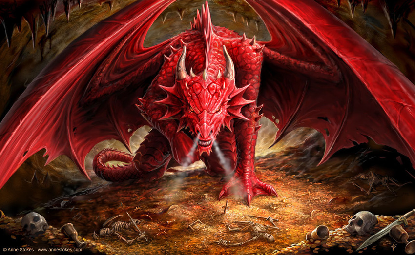16:10 ambiguous_gender anne_stokes bone cavern cropped detailed_background dragon feral front_view hoard ironshod looking_at_viewer melee_weapon membranous_wings red_scales scales skeleton smoke solo spread_wings sword treasure weapon wings