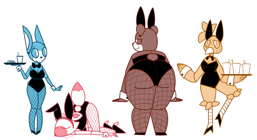 animatronic bunny_costume butt costume crossgender drinks fishnet five_nights_at_freddy's five_nights_at_freddy's_2 food funtime_foxy_(fnaf) high_heels machine robot snaxattacks toy_bonnie_(fnaf) toy_chica_(fnaf) toy_freddy_(fnaf) video_games