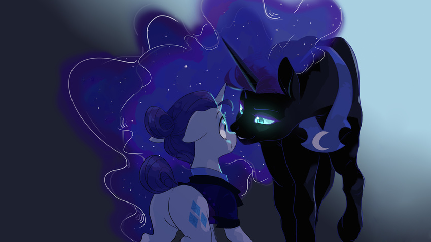 16:9 2016 alternate_hairstyle blue_eyes butt clothed clothing cutie_mark duo equine eye_contact featureless_crotch female feral friendship_is_magic frown glowing glowing_eyes hair hi_res horn kilala97 mammal my_little_pony nightmare_moon_(mlp) raised_tail rarity_(mlp) rear_view slit_pupils smile unicorn wallpaper