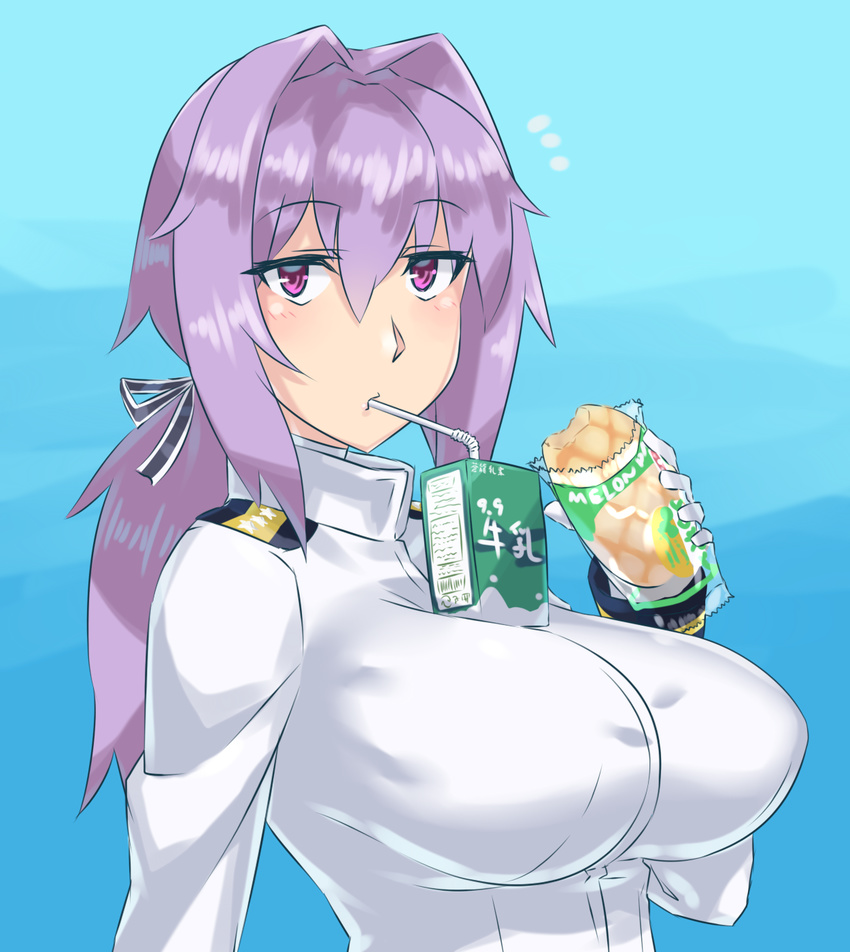1girl bread breasts drinking drinking_straw female_admiral_(kantai_collection) food hair_between_eyes hair_ribbon highres holding holding_food impossible_clothes kanata_(evuoaniramu) kantai_collection large_breasts lavender_hair long_hair long_sleeves looking_at_viewer looking_to_the_side low_ponytail md5_mismatch melon_bread military military_uniform mizuumi_(bb) pink_eyes ponytail ribbon simple_background solo uniform upper_body