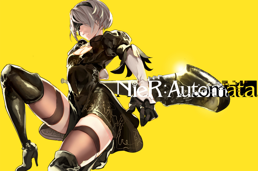 black_dress black_footwear black_gloves black_legwear blindfold boots breasts cleavage copyright_name dress gloves grey_hair high_heel_boots high_heels highres laio mole mole_under_mouth nier_(series) nier_automata one_knee puffy_sleeves short_hair simple_background small_breasts solo thigh_boots thighhighs weapon yellow_background yorha_no._2_type_b