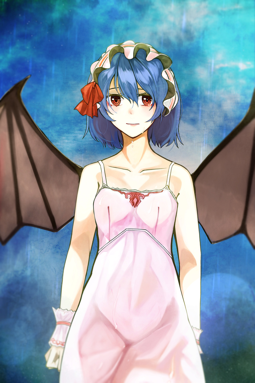 absurdres bad_id bad_pixiv_id bare_arms bare_shoulders bat_wings blue_background blue_hair collarbone crying crying_with_eyes_open hairband highres lolita_hairband looking_at_viewer nightgown rain red_eyes remilia_scarlet ribbon scroll_lock_(scrool5) short_hair sleeveless solo tears touhou wet wings wrist_cuffs