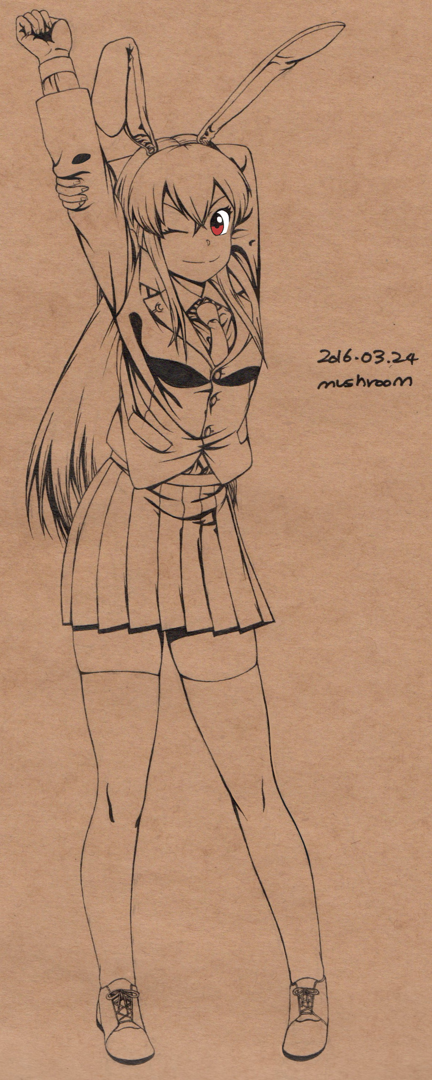 absurdres animal_ears arm_up artist_name bangs blazer brown_background bunny_ears collared_shirt contrapposto crescent dated full_body hair_between_eyes highres jacket long_hair long_sleeves looking_at_viewer miniskirt monochrome mushroom_(osh320) necktie one_eye_closed pen_(medium) pleated_skirt red_eyes reisen_udongein_inaba shirt shoes simple_background skirt smile solo spot_color standing stretch thighhighs touhou very_long_hair zettai_ryouiki