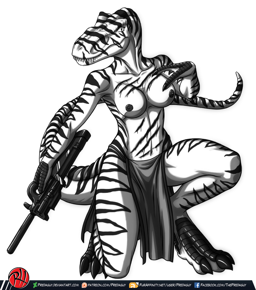 amora anthro armpits blood breasts claws clothed clothing deviantart dinosaur facebook female furaffinity gun loincloth monochrome nipples p90 patreon predaguy ranged_weapon scalie silencer simple_background solo submachine_gun teeth theropod topless tyrannosaurus_rex weapon white_background wounded