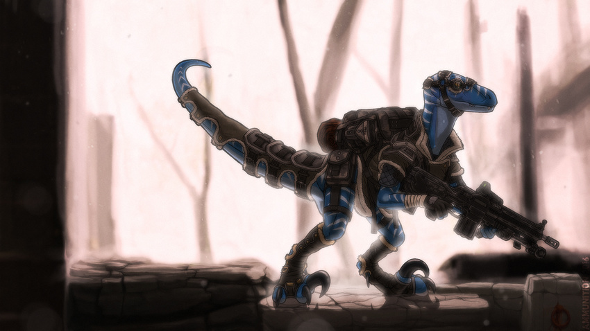 anthro armor backpack biped claws clothed clothing digital_media_(artwork) dinosaur eyewear fighterjet forest gloves goggles gun male outside post-apocalyptic ranged_weapon raptor reptile rubble ruins scalie simple_background solo theropod toe_claws tree weapon