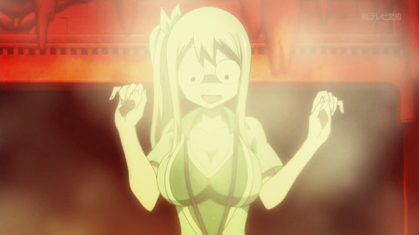 1girl animated animated_gif blonde_hair blush breasts cleavage covering covering_breasts dissolving_clothes fairy_tail large_breasts long_hair lucy_heartfilia ponytail side_ponytail steam torn_clothes wardrobe_malfunction