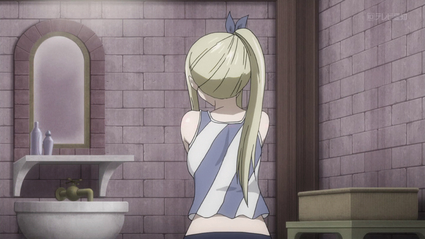 animated animated_gif backboob bathroom blonde_hair breasts fairy_tail from_behind hair_ornament indoors large_breasts long_hair lucy_heartfilia no_bra side_boob solo standing topless undressing