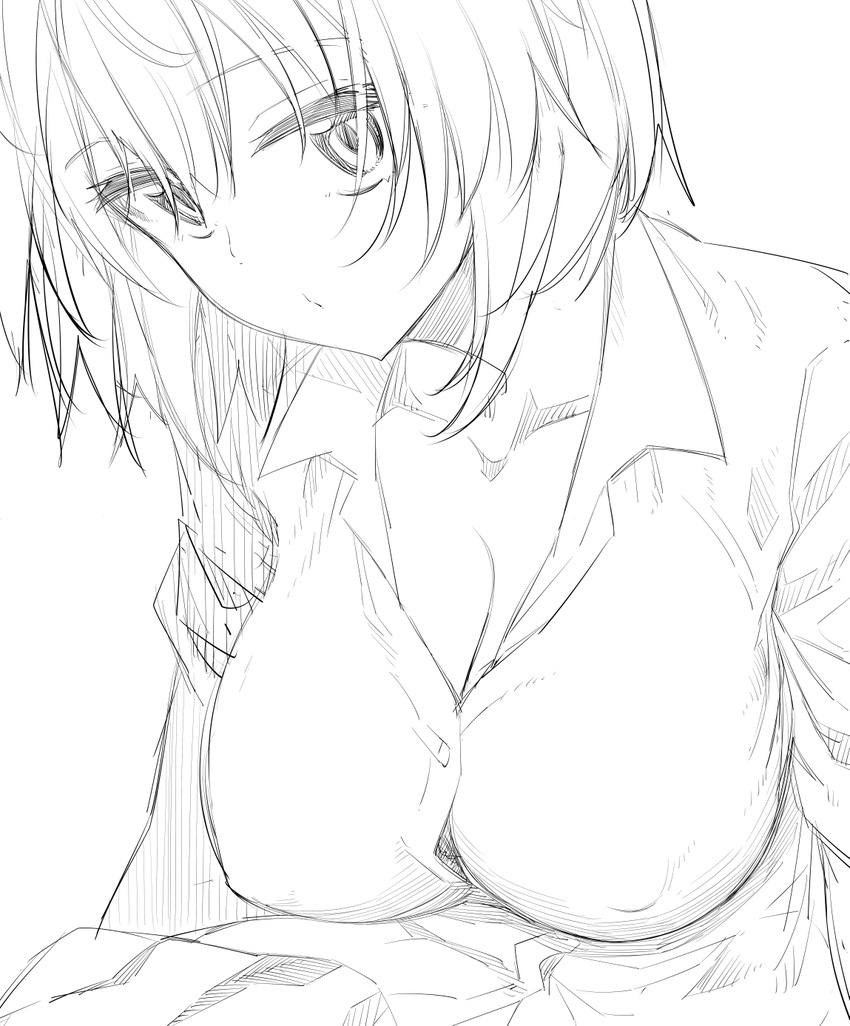 akino_sora breasts cleavage collarbone covered_nipples greyscale highres large_breasts looking_at_viewer monochrome shirt short_hair simple_background sketch solo upper_body white_background yahari_ore_no_seishun_lovecome_wa_machigatteiru. yuigahama_yui