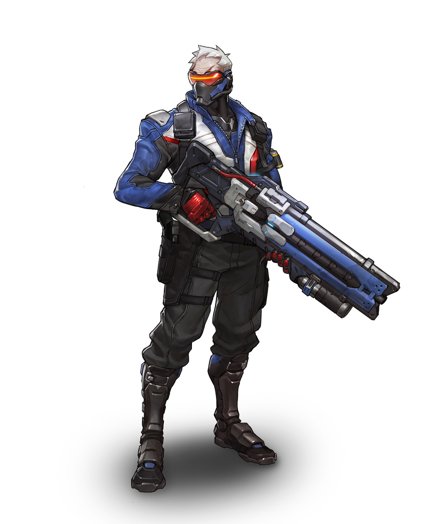 absurdres arnold_tsang boots full_body gloves gun highres jacket male_focus mask official_art overwatch red_gloves simple_background soldier:_76_(overwatch) solo standing weapon white_background white_hair
