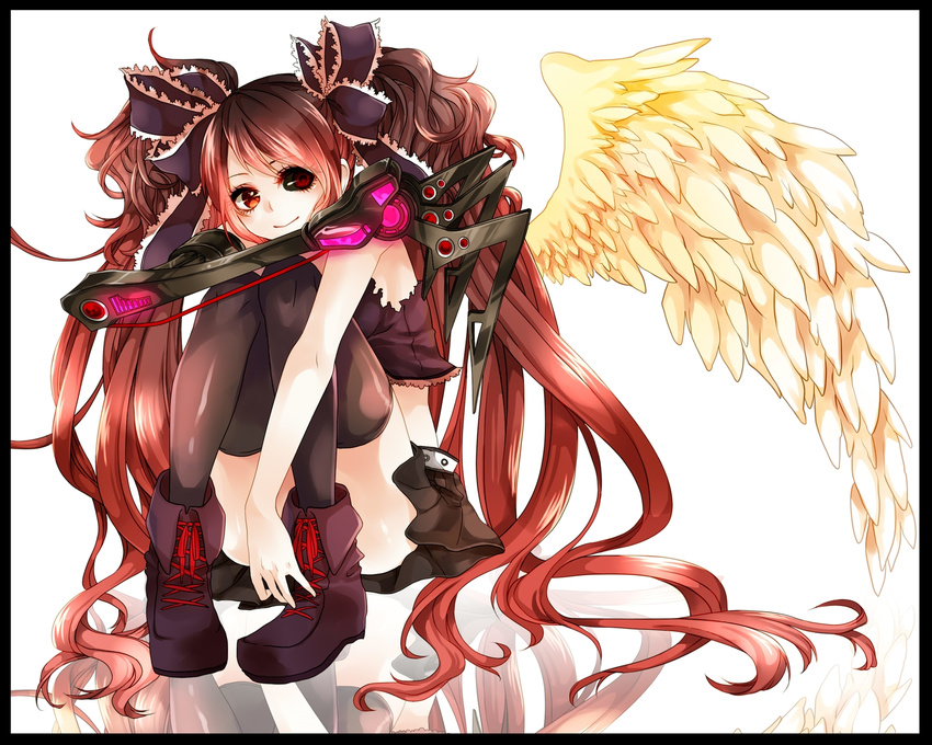 bacterial_contamination bent_knees boots conomi-c5 female highres karune_ca long_hair red_eyes red_hair sitting smile solo thighhighs twintails vocaloid wings