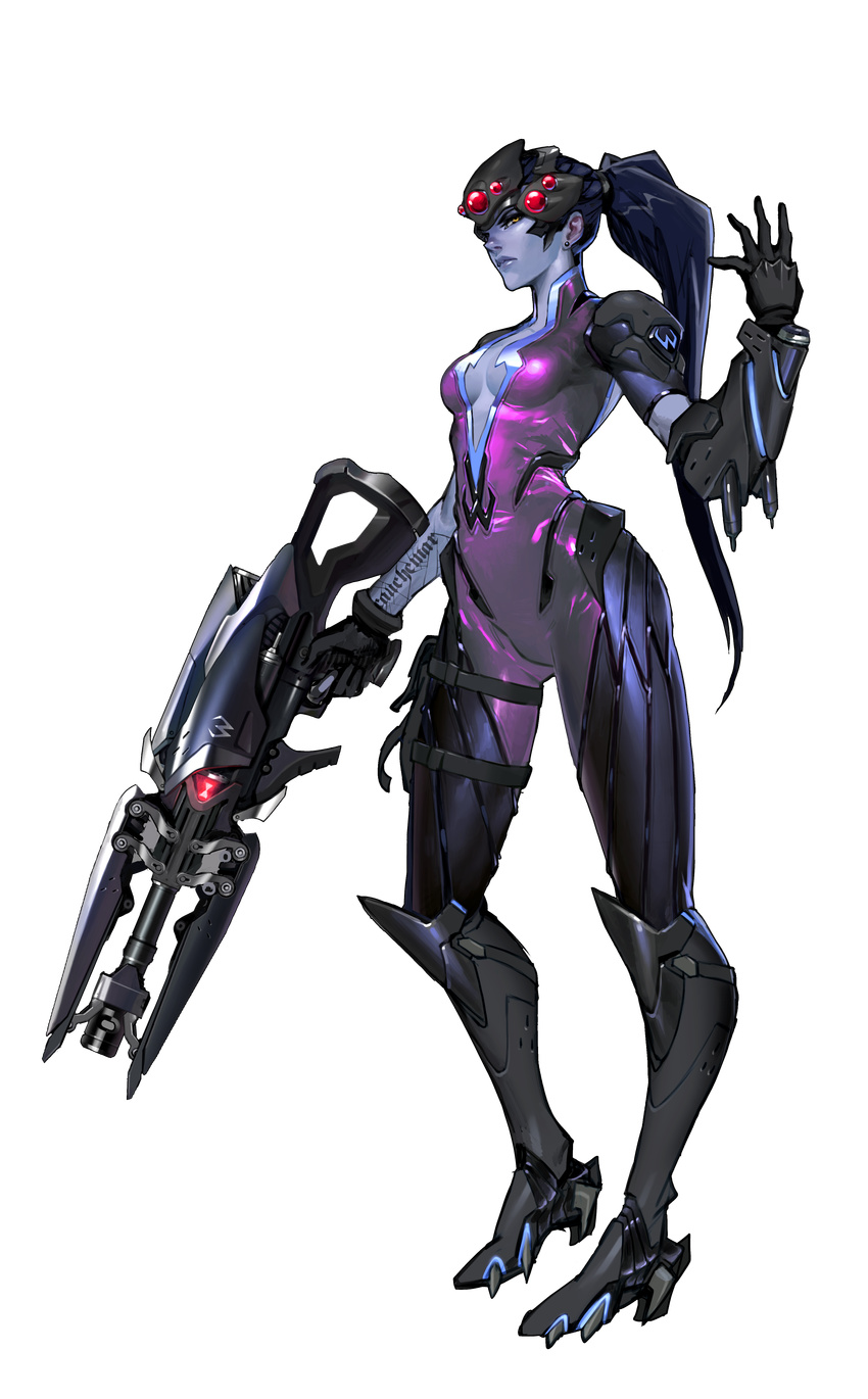 absurdres arnold_tsang blue_hair blue_skin bodysuit center_opening earrings french full_body gloves gun head_mounted_display high_heels highres jewelry lips long_hair official_art overwatch pink_bodysuit ponytail solo standing stud_earrings tattoo transparent_background very_long_hair weapon widowmaker_(overwatch) yellow_eyes