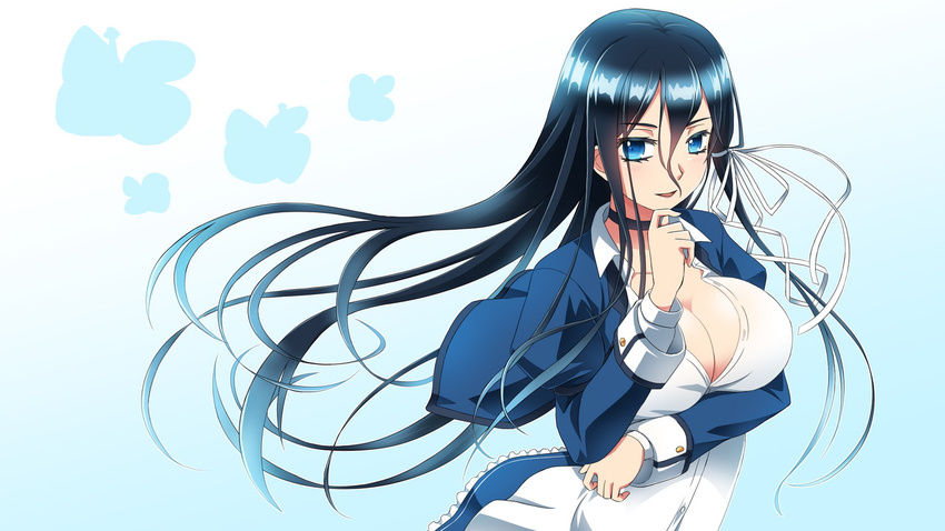black_hair blue_background blue_eyes breast_hold breasts chin_hold cleavage collared_shirt gradient gradient_background hair_ribbon khnchak large_breasts long_hair long_sleeves looking_at_viewer original parted_lips puffy_long_sleeves puffy_sleeves ribbon shirt skirt solo upper_body white_shirt wind