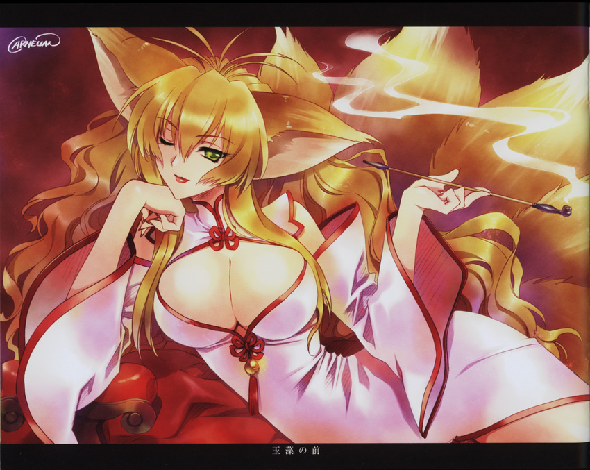 absurdres animal_ears artist_name breasts brown_hair carnelian character_name chin_rest cleavage cleavage_cutout detached_sleeves fox_ears fox_tail green_eyes hair_between_eyes highres holding holding_pipe kiseru kitsune large_breasts letterboxed light_smile lipstick long_hair makeup multiple_tails nail_polish official_art one_eye_closed pipe red_lips red_lipstick red_nails scan scan_artifacts signature smoke solo tail tamamo_no_mae very_long_hair wavy_hair wide_sleeves yami_to_boushi_to_hon_no_tabibito