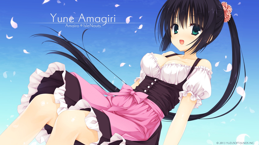 amagiri_yune amairo_islenauts black_hair dress female green_eyes highres long_hair muririn open_mouth petals ponytail solo yuzu-soft