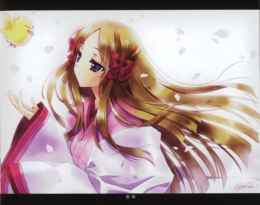 absurdres artist_name azuma_hatsumi bird blonde_hair bow carnelian floating_hair fujihime hair_bow half-closed_eyes highres japanese_clothes ken-chan kimono letterboxed light_smile long_hair official_art outstretched_hand petals purple_eyes red_bow signature very_long_hair white_background yami_to_boushi_to_hon_no_tabibito