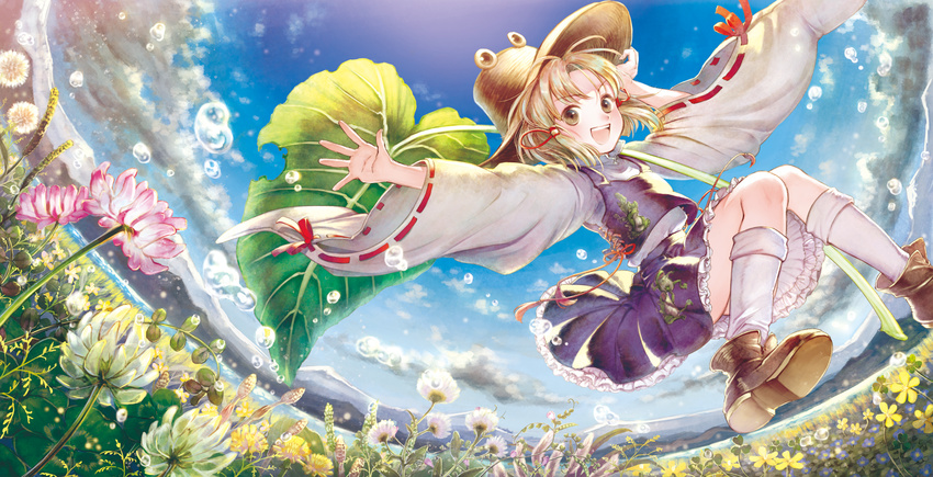 animal_print blonde_hair blue_sky cloud day field fisheye flower flower_field frog_print hair_ribbon hat highres leaf_umbrella long_sleeves moriya_suwako open_mouth outstretched_arms ribbon ribbon-trimmed_sleeves ribbon_trim shirt skirt skirt_set sky smile solo sugi touhou vest wide_sleeves yellow_eyes