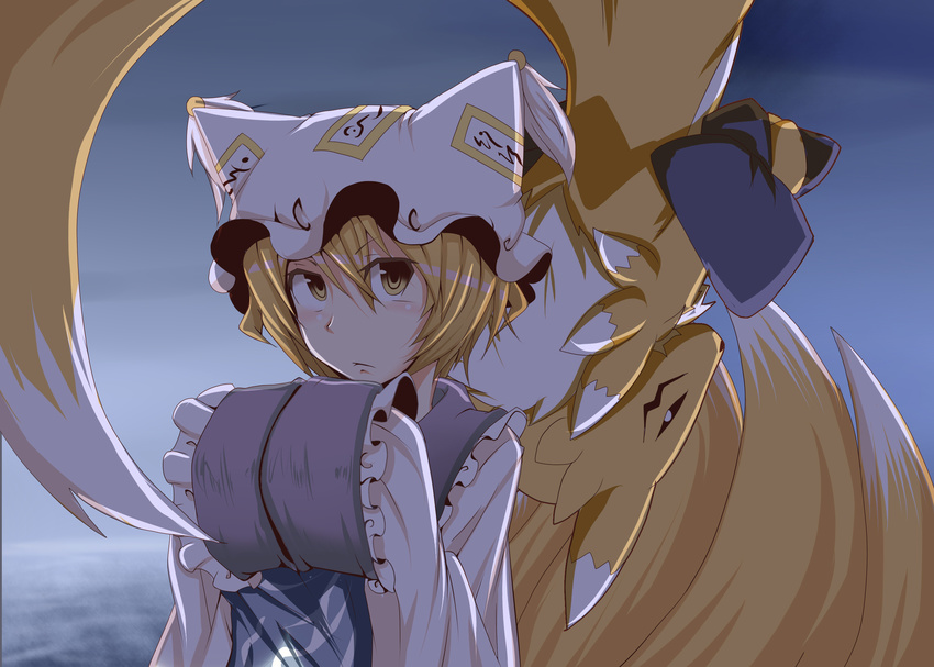 back-to-back blonde_hair blush commentary_request crossover digimon dress fox_tail frills hands_in_opposite_sleeves hat highres kitsune kyuubi long_sleeves looking_at_viewer mob_cap multiple_girls multiple_tails pillow_hat renamon short_hair tabard tail tamahana tassel touhou trait_connection upper_body upside-down white_dress wide_sleeves yakumo_ran yellow_eyes