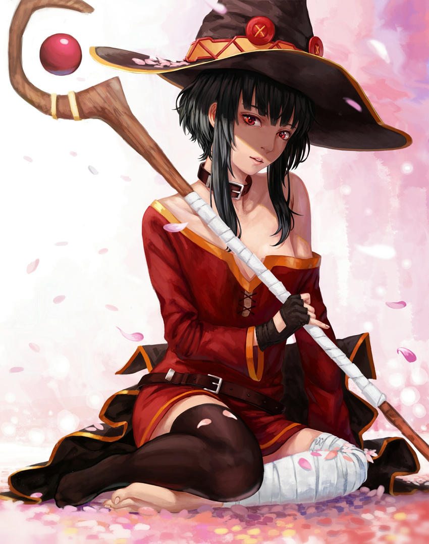 bandaged_leg bandages bangs bare_shoulders barefoot belt belt_buckle black_gloves black_hair black_hat blunt_bangs buckle button_eyes cherry_blossoms collarbone coller dress fingerless_gloves floating floating_object gem gloves hat head_tilt highres holding holding_staff kono_subarashii_sekai_ni_shukufuku_wo! light_smile lips looking_at_viewer megumin mismatched_legwear namako_mikan off-shoulder_dress off_shoulder older parted_lips petals pinky_out red_dress red_eyes ruby_(stone) shade short_hair_with_long_locks single_thighhigh solo sphere staff thighhighs toenails toes wand witch_hat