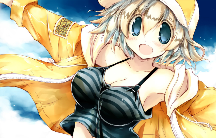 :d armpits belly_peek blue_eyes blue_sky blush breasts buckle cleavage cloud day drawstring eyebrows eyebrows_visible_through_hair hair_between_eyes hat hood hood_down hooded_jacket jacket large_breasts looking_at_viewer open_mouth original outstretched_arms sakaki_(noi-gren) shirt_lift short_hair silver_hair sky smile solo spread_arms striped upper_body