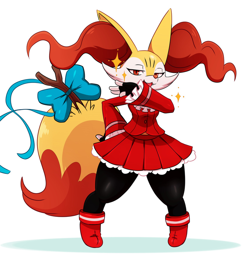 bow braixen cosplay eric_lowery fang fingerless_gloves gloves half-closed_eyes highres kanzuki_karin kanzuki_karin_(cosplay) laughing looking_at_viewer ojou-sama_pose open_mouth pokemon red_eyes simple_background skirt solo sparkle standing stick street_fighter street_fighter_v tail thick_thighs thighs white_background wide_hips