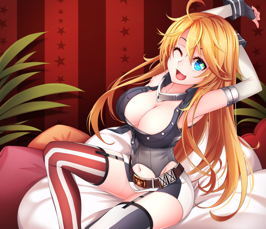 ;d ahoge armpits arms_up bangs belt blonde_hair blue_eyes breasts cleavage eyelashes fang fingerless_gloves garter_straps gloves hair_between_eyes healther iowa_(kantai_collection) kantai_collection large_breasts long_hair looking_at_viewer miniskirt mismatched_legwear navel one_eye_closed open_mouth pillow plant red_background sitting skirt smile solo star star-shaped_pupils striped striped_background striped_legwear symbol-shaped_pupils thighhighs vertical-striped_background vertical-striped_legwear vertical_stripes