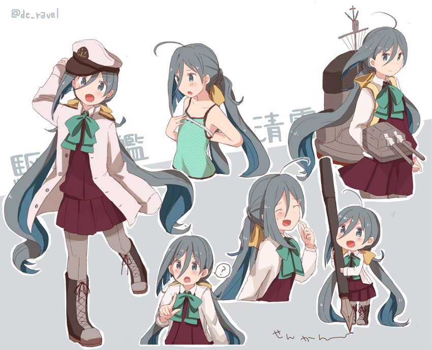 :d ? ^_^ ^o^ admiral_(kantai_collection) admiral_(kantai_collection)_(cosplay) ahoge anchor_symbol antenna_hair arm_behind_back arm_up armpits artist_name backpack bag bare_shoulders blue_bow blue_bowtie blue_hair blush boots bow bowtie brown_boots bust_measuring camisole cannon chibi closed_mouth collarbone cowboy_shot cropped_legs cross-laced_footwear dress epaulettes eyebrows eyebrows_visible_through_hair eyes_closed finger_to_cheek flat_chest fountain_pen full_body grey_eyes grey_hair grey_legwear gun hair_between_eyes hair_bow hands_in_sleeves hat head_tilt holding holding_gun holding_weapon index_finger_raised jacket kantai_collection kiyoshimo_(kantai_collection) long_hair long_sleeves low_twintails machinery measuring military military_uniform multicolored_hair multiple_views naval_uniform open_mouth oversized_object pantyhose peaked_cap pen pleated_skirt pointing pointing_at_viewer red_skirt red_vest riz_(ravel_dc) scratching_cheek shirt shoelaces silver_eyes silver_hair skirt sleeveless sleeveless_dress sleeves_past_wrists smile spoken_question_mark sweatdrop tape_measure text translation_request turret twintails uniform upper_body very_long_hair walking weapon white_shirt writing yellow_bow
