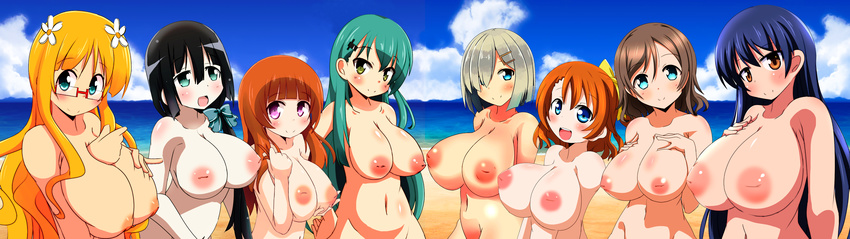 6+girls 8girls areolae beach black_hair blonde_hair blue_eyes blue_hair blush breasts brown_eyes brown_hair censored double_monitor full-color green_eyes green_hair huge_breasts inverted_nipples kantai_collection large_breasts long_hair looking_at_viewer multiple_girls naruse_mai navel nipples nude open_mouth orange_hair purple_eyes short_hair silver_hair smile wallpaper