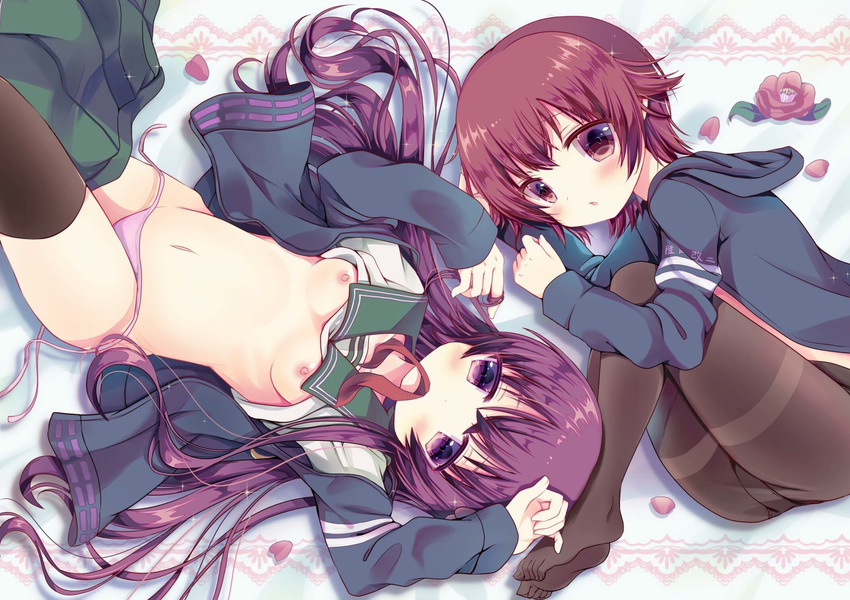 :o arms_up black_jacket black_panties black_serafuku blush breasts breasts_outside brown_legwear clothes_writing cowboy_shot eyebrows eyebrows_visible_through_hair eyelashes fetal_position flower from_above green_skirt groin hand_on_head highres hood hood_down hooded_jacket jacket kantai_collection kisaragi_(kantai_collection) long_hair long_sleeves looking_at_viewer looking_up lying midriff mitsuki_ponzu multiple_girls mutsuki_(kantai_collection) navel nipples no_bra on_back panties panties_under_pantyhose pantyhose parted_lips petals pink_panties pleated_skirt purple_eyes red_flower red_hair remodel_(kantai_collection) sailor_collar school_uniform serafuku shirt shirt_lift short_hair side-tie_panties skirt skirt_around_one_leg skirt_pull small_breasts sparkle stomach tablecloth tareme thighband_pantyhose thighhighs translation_request underwear untied untied_panties white_shirt