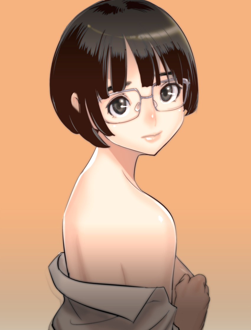 bangs bare_shoulders black_eyes black_hair blunt_bangs bob_cut breasts closed_mouth covering covering_breasts dytm from_side glasses grey-framed_eyewear grey_shirt highres lips looking_at_viewer looking_to_the_side medium_breasts no_bra off_shoulder orange_background original shiny shiny_skin shirt short_hair sideboob simple_background smile solo upper_body