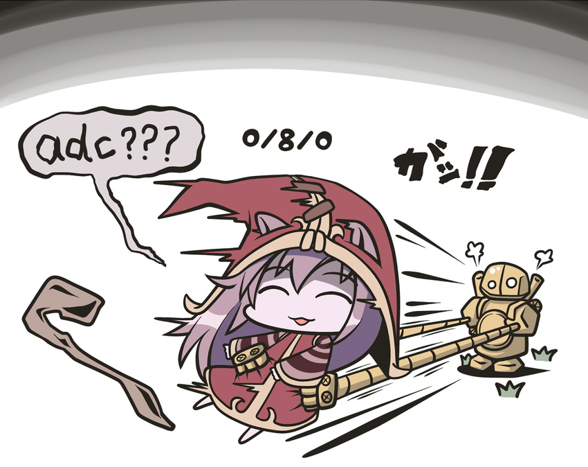 :3 ^_^ animal_ears aoblue blitzcrank chibi closed_eyes commentary gameplay_mechanics hat league_of_legends long_hair lulu_(league_of_legends) purple_hair purple_skin robot staff yordle you_gonna_get_raped