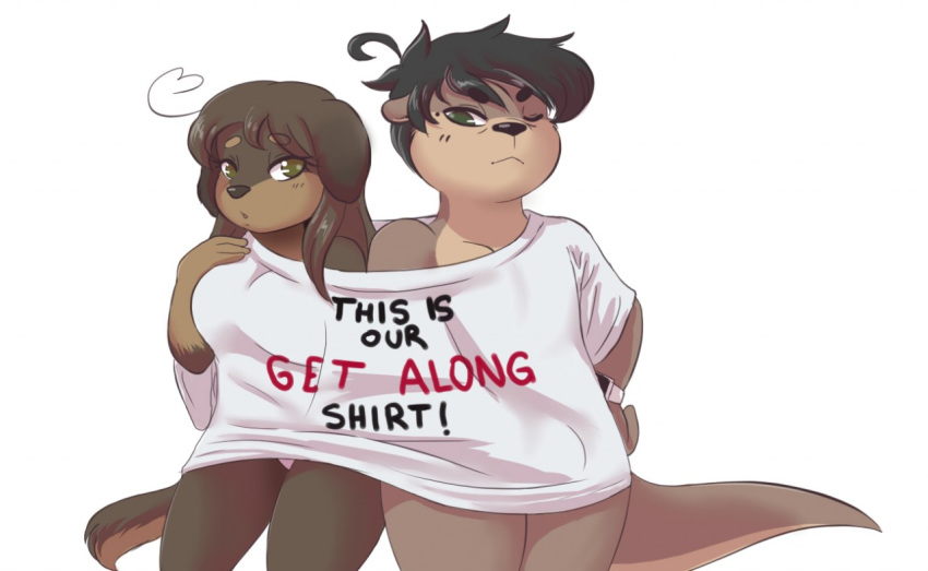 black_hair boyfriend canid canine canis clothing dog exposed_shoulder female girlfriend green_eyes hair male male/female mammal mr-shin multi_person_clothing mustelid otter panties shinsuke shirt shy underwear writing_(disambiguation)