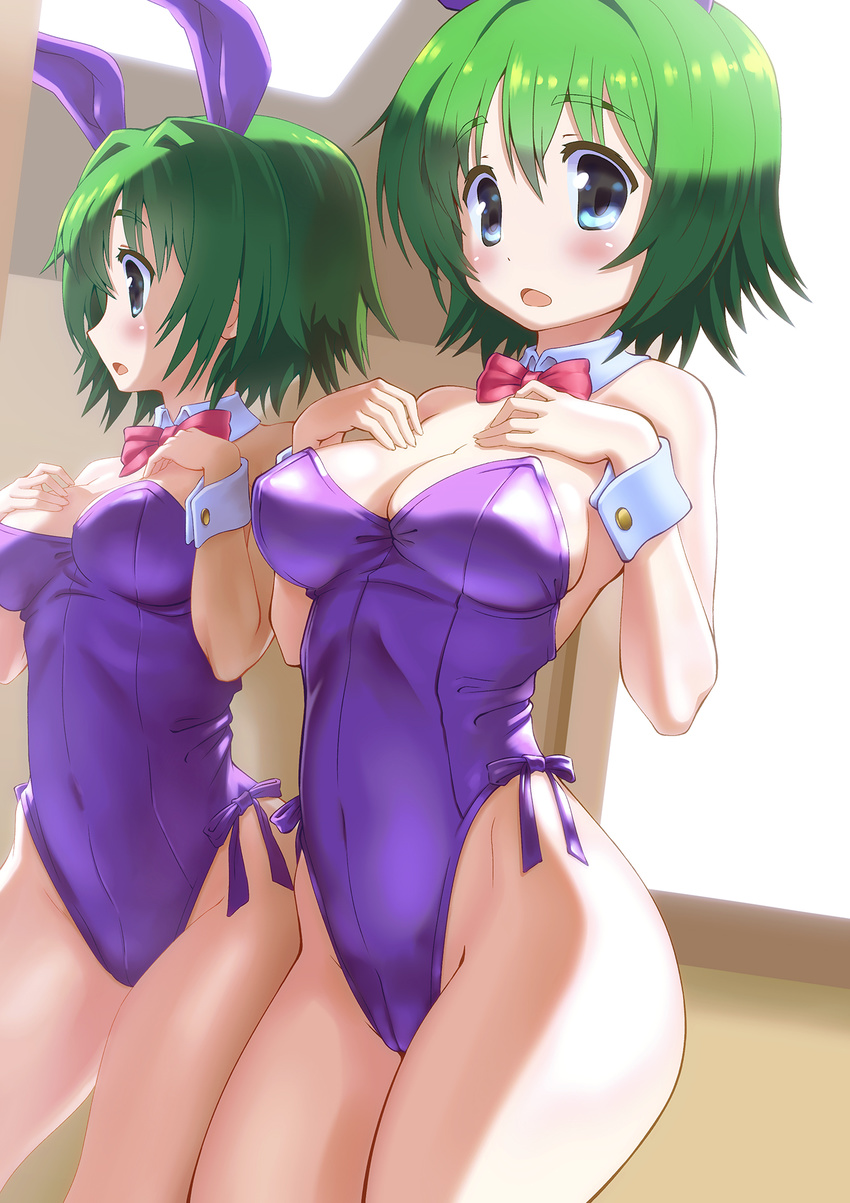 animal_ears bare_shoulders blue_eyes blush bow bowtie breasts bunny_ears bunny_girl bunny_tail bunnysuit comic_party detached_collar eyebrows eyebrows_visible_through_hair green_hair hands_on_own_chest highres looking_at_viewer md5_mismatch medium_breasts minawa_(hemo) mirror ooba_eimi pantyhose reflection short_hair solo standing tail wrist_cuffs