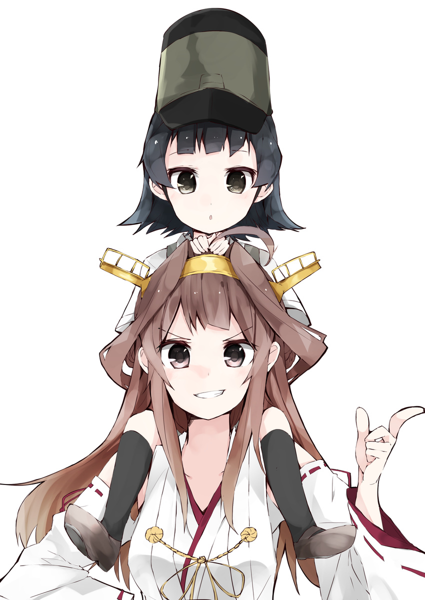 &gt;:) :o absurdres ahoge arare_(kantai_collection) bare_shoulders black_eyes black_hair breasts brown_eyes brown_hair carrying detached_sleeves double_bun hairband hat headgear highres japanese_clothes kantai_collection kongou_(kantai_collection) long_hair looking_at_viewer medium_breasts multiple_girls nontraditional_miko ooyama_imo remodel_(kantai_collection) ribbon-trimmed_sleeves ribbon_trim school_uniform short_hair short_sleeves shoulder_carry simple_background smile suspenders teeth v-shaped_eyebrows white_background