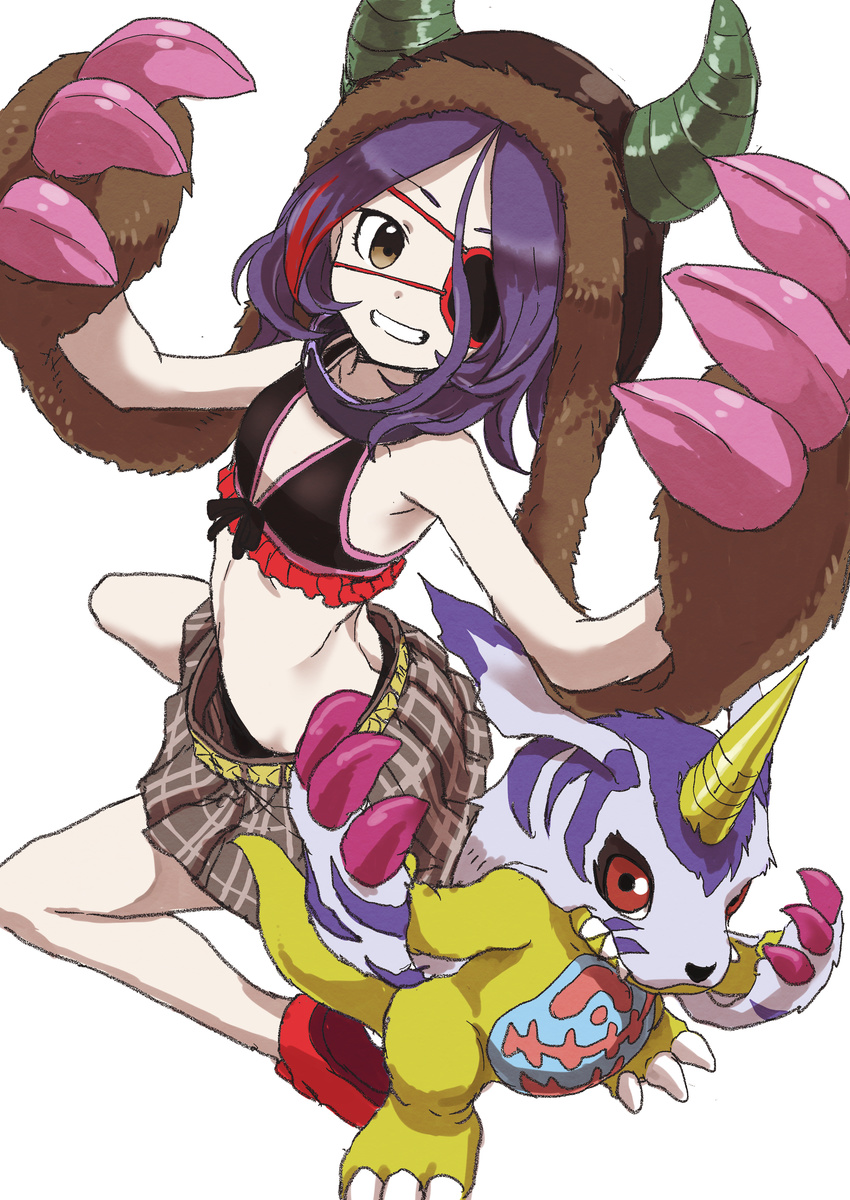 absurdres bare_shoulders belt bikini_top brown_eyes collar commentary_request digimon eyepatch flat_chest from_above front-tie_bikini front-tie_top gabumon gloves hat hayasaka_mirei highres horns idolmaster idolmaster_cinderella_girls kneeling looking_up multicolored_hair paw_gloves paws purple_hair red_hair short_hair skirt smile solo streaked_hair two-tone_hair yamamoto_souichirou