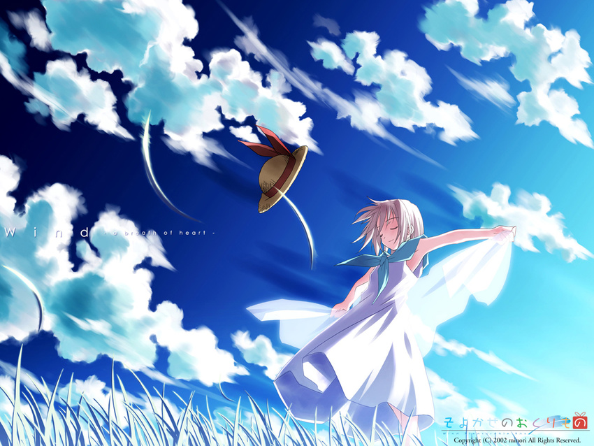 2002 backlighting bare_arms blue_sky closed_eyes closed_mouth cloud copyright_name dress from_below grass hat hat_loss hat_removed hat_ribbon headwear_removed outdoors outstretched_arms ribbon shawl sky smile solo spread_arms standing straw_hat tsukishiro_hikari wallpaper white_dress wind wind_a_breath_of_heart yuuki_tatsuya