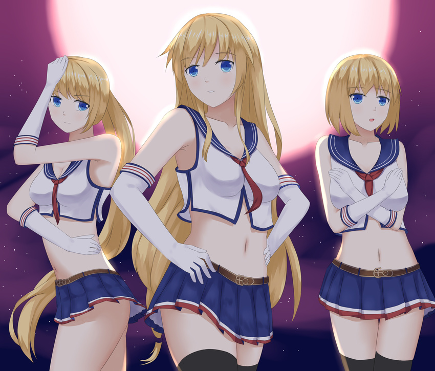 absurdres black_legwear blonde_hair blue_eyes breasts cleavage commentary crop_top crop_top_overhang enterprise_(zhan_jian_shao_nyu) gloves highres hornet_(zhan_jian_shao_nyu) jojo_no_kimyou_na_bouken jojo_pose long_hair low-tied_long_hair midriff miniskirt moon multiple_girls navel no_hat no_headwear ponytail pose short_hair skirt thighhighs wujojin yorktown_(zhan_jian_shao_nyu) zhan_jian_shao_nyu