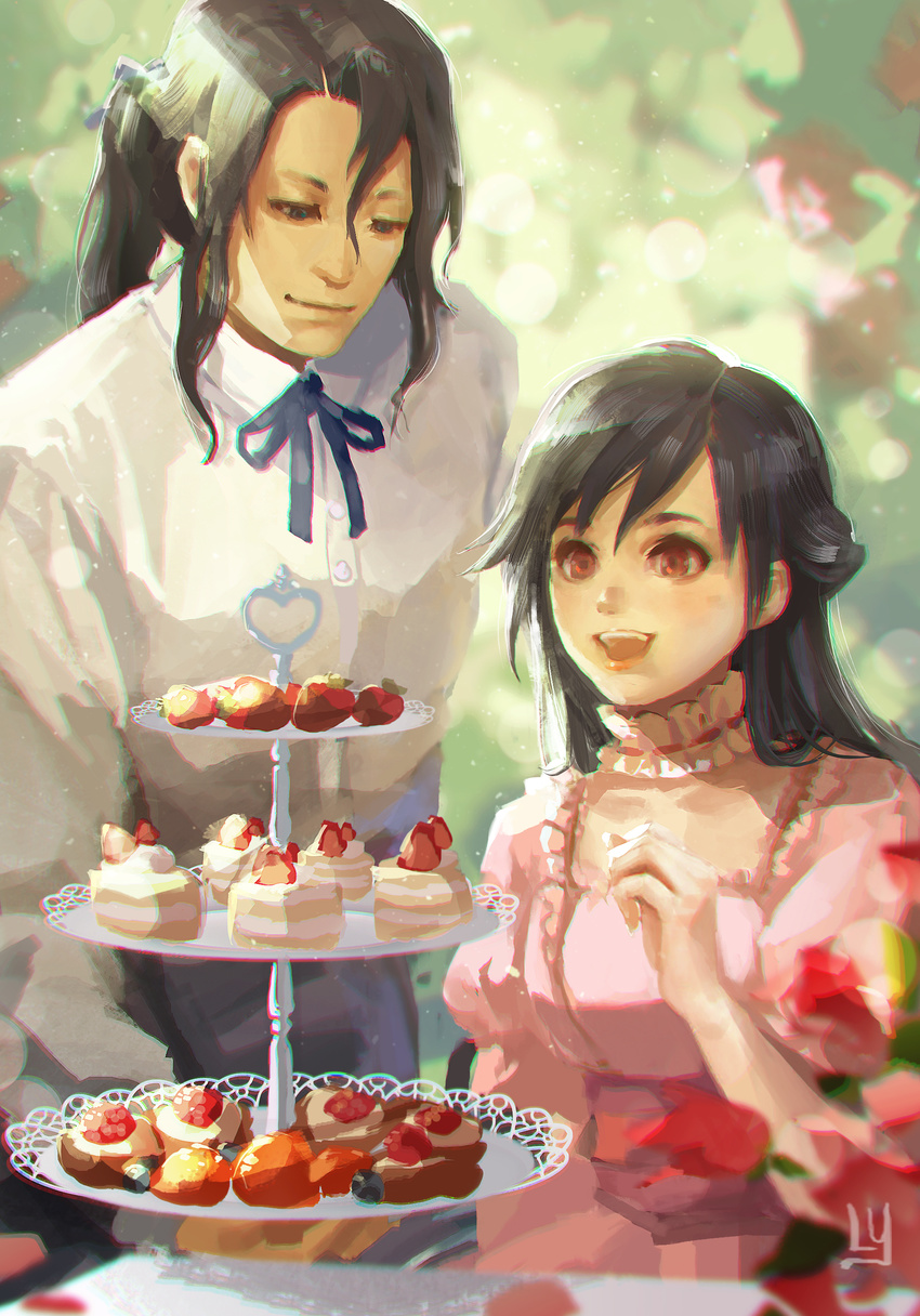 1girl :d absurdres anna_lynn black_hair blood+ blueberry brown_eyes brown_hair cake choker dress flower food fruit haji highres long_hair neck_ribbon open_mouth otonashi_saya pink_dress ponytail red_eyes ribbon ribbon_trim shirt sitting smile standing strawberry tiered_tray white_shirt