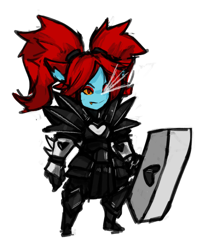 cosplay fang fusion gauntlets hammer highres league_of_legends poppy red_eyes red_hair tag twintails undertale undyne undyne_the_undying undyne_the_undying_(cosplay) yellow_sclera zana