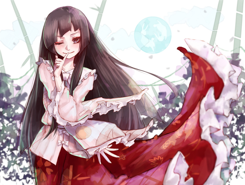 bamboo black_eyes black_hair bow bunny closed_mouth finger_to_mouth floral_print hime_cut hoshibuchi houraisan_kaguya long_hair long_skirt long_sleeves looking_at_viewer one_eye_closed pink_shirt red_skirt shirt sidelocks skirt solo touhou transparent white_bow wide_sleeves