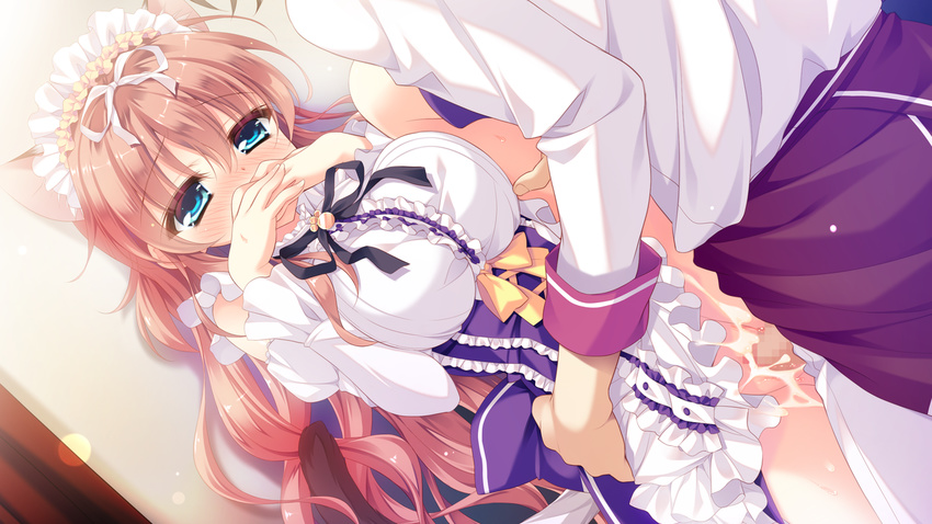 1girl animal_ears black_ribbon blue_eyes blush breasts cat_ears cat_tail censored center_frills cum detached_sleeves dress frilled_dress frills game_cg hair_ribbon half-closed_eyes head_out_of_frame hetero hug indoors large_breasts long_hair long_sleeves maid maid_headdress mosaic_censoring nekojou_hinana nipples overflow own_hands_together penis purple_dress pussy ribbon solo_focus tail very_long_hair wan_nyan_a_la_mode! white_ribbon wori