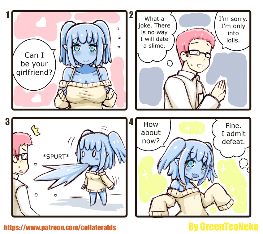 0_0 1boy 1girl 4koma absurdres age_regression bare_shoulders blue_eyes blue_hair blue_skin breast_hold breast_reduction breasts collared_shirt comic dress english flat_chest glasses goo_girl greenteaneko hidden_eyes highres large_breasts long_sleeves monster_girl non-web_source off-shoulder_dress off-shoulder_sweater off_shoulder original pink_hair pointy_ears shirt sleeves_past_wrists spitting surprised sweater twintails white_dress wing_collar younger