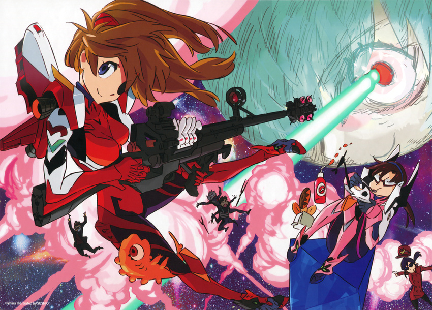 3girls adam_(evangelion) adapted_costume ayanami_rei brown_hair doughnut evangelion:_3.0_you_can_(not)_redo explosion food glasses gun highres huge_filesize ikari_gendou ikari_shinji katsuragi_misato lance_of_longinus laser_beam makinami_mari_illustrious md5_mismatch multiple_boys multiple_girls nagisa_kaworu neon_genesis_evangelion plugsuit ramiel rebuild_of_evangelion red_eyes resized rifle shikinami_asuka_langley smile sniper_rifle souryuu_asuka_langley space sushio trigger_(company) upscaled watermark weapon