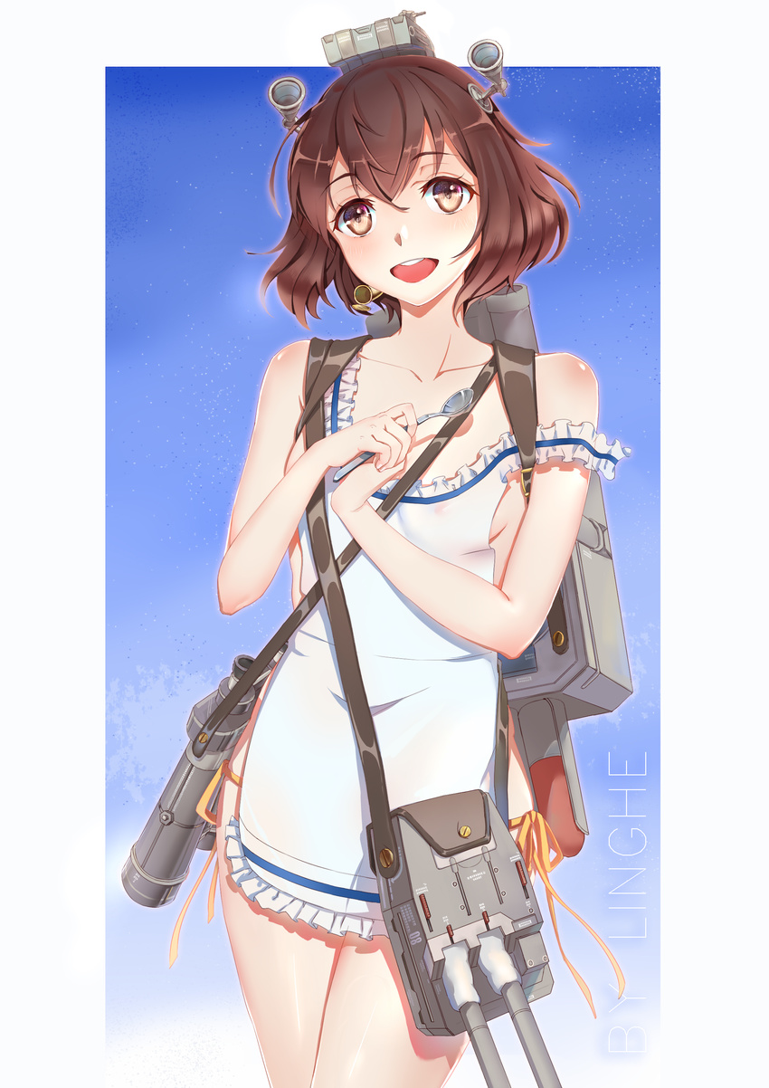 absurdres apron binoculars brown_eyes brown_hair cowboy_shot headgear highres kantai_collection ling-he md5_mismatch nearly_naked_apron open_mouth short_hair side-tie_bottom smile solo speaking_tube_headset spoon torpedo turret yukikaze_(kantai_collection)