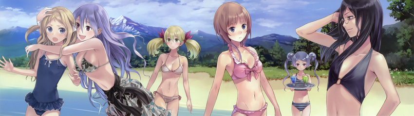 absurdres armpits astrid_zexis atelier_(series) atelier_rorona beach bikini black_hair blonde_hair blue_eyes breasts brown_hair casual_one-piece_swimsuit cleavage cuderia_von_feuerbach flat_chest front-tie_top glasses green_eyes grey_sarong groin hair_ribbon highres hom_(atelier) kishida_mel lionela_heinze long_hair medium_breasts mountain multiple_girls navel one-piece_swimsuit open_mouth outdoors pamela_ibiss pink_bikini print_sarong purple_eyes purple_hair red_ribbon ribbon rororina_fryxell sarong sideboob swimsuit twintails white_ribbon