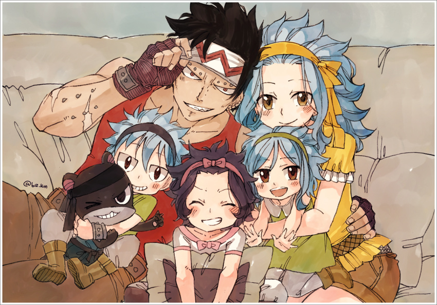3girls black_hair blue_hair fairy_tail family gajeel_redfox if_they_mated levy_mcgarden multiple_boys multiple_girls pantherlily rusky